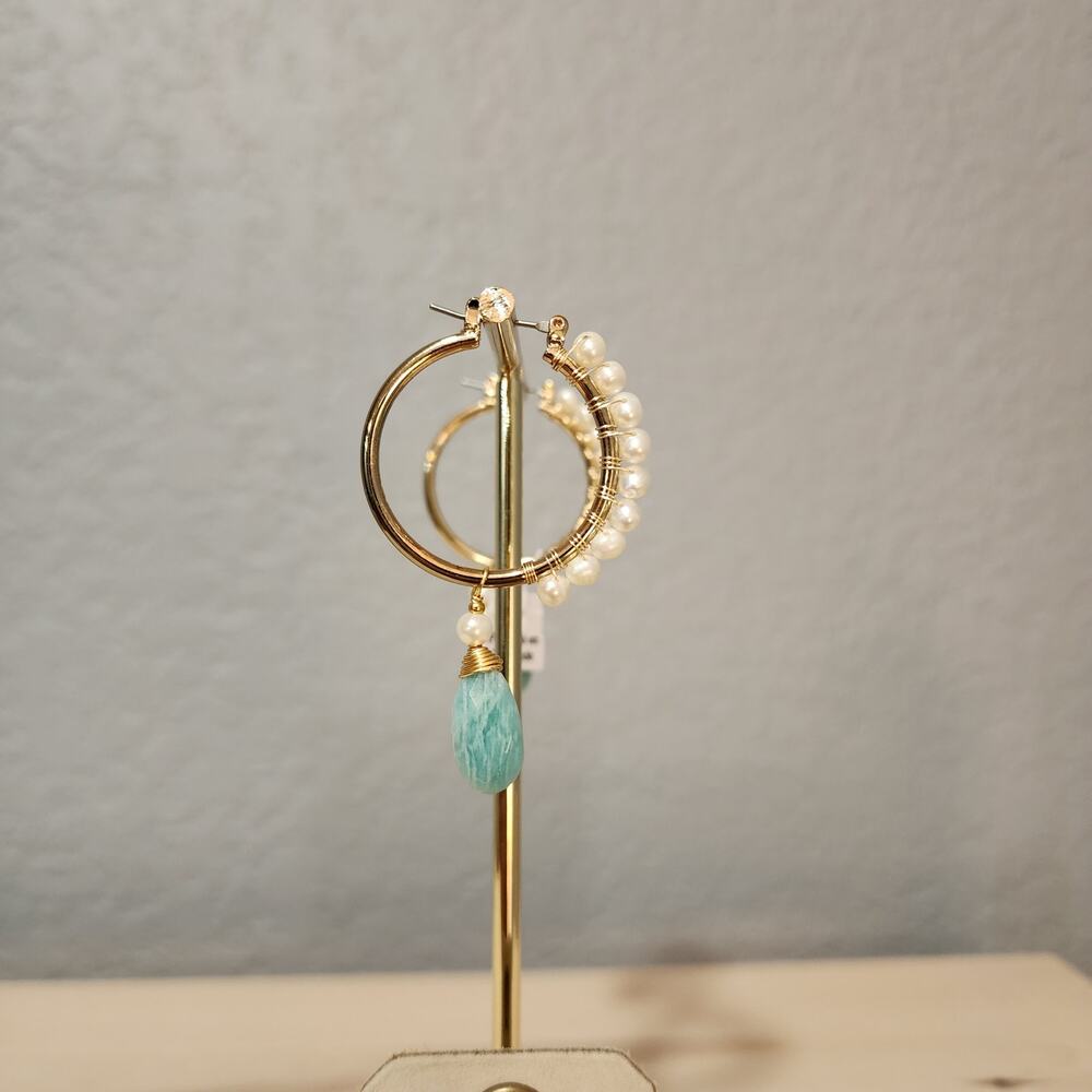 Anthropologie Gold Hoop Earrings With Wire Wrapped Pearls And Aqua Teardrop NWT